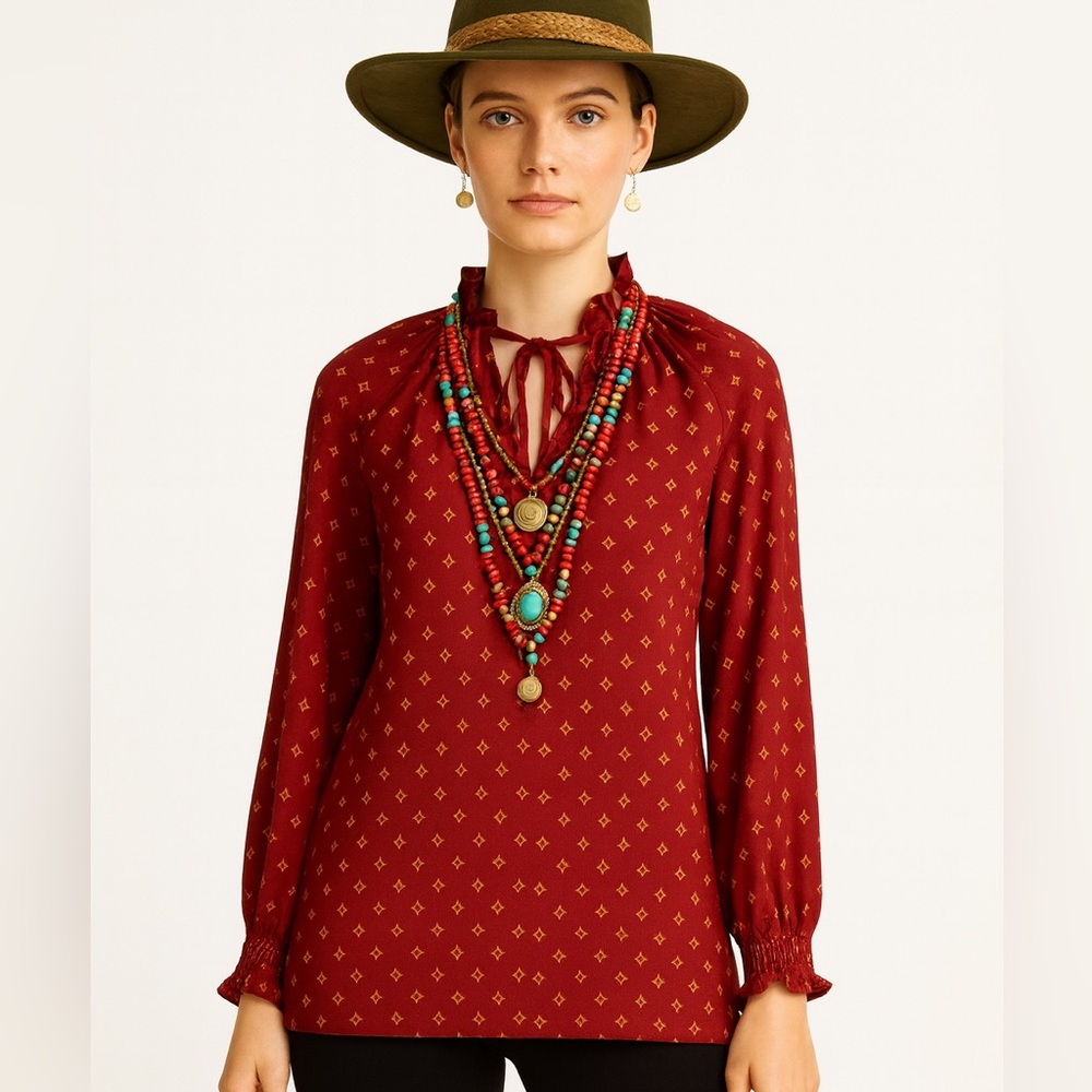 NWT Red Foil Ruffle Relaxed Fit Smocked Peasant Edwardian Holiday Blouse Sz Med - Picture 2 of 14